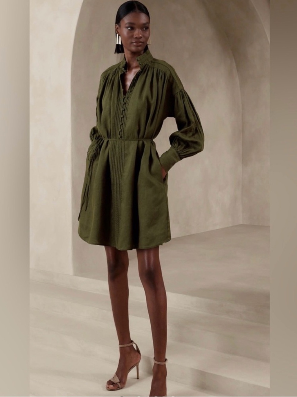 Banana Republic 100% European Linen Olive Green Long-Sleeve Mini Dress